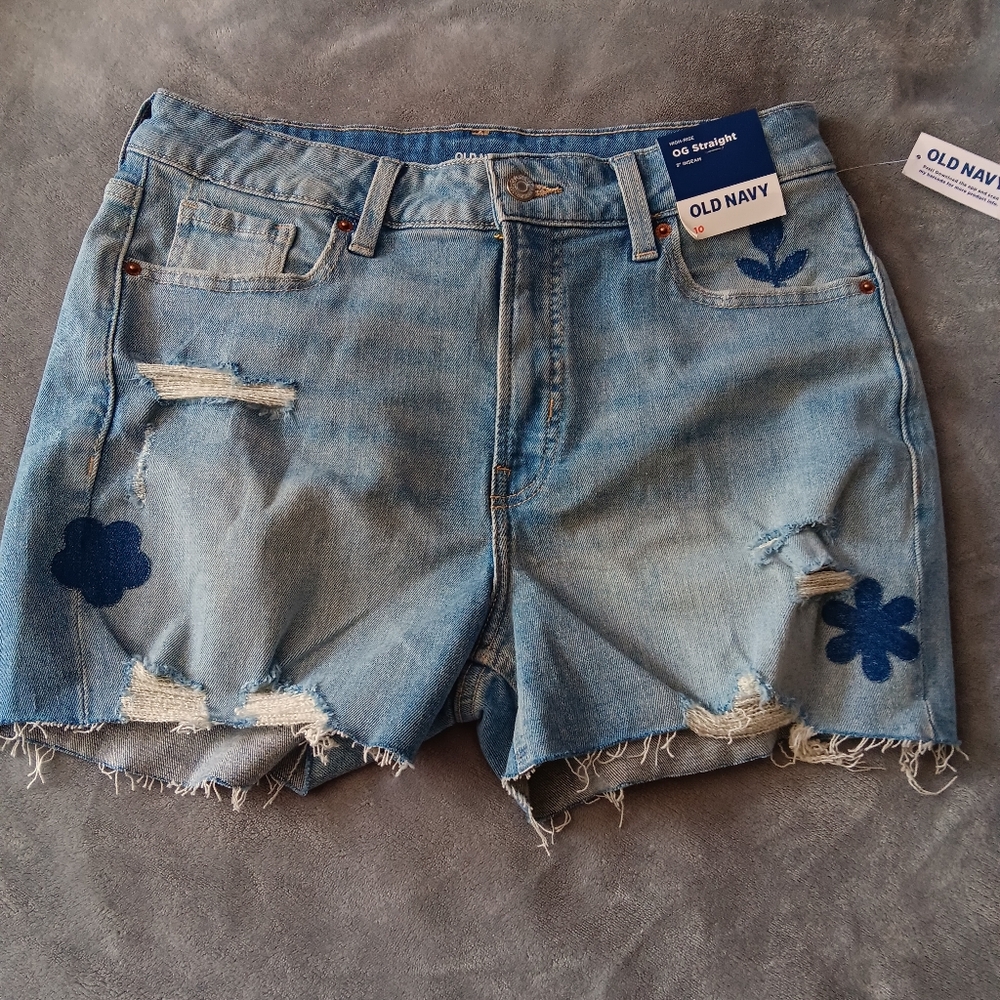 OLD NAVY NWT High-Rise OG Straight Denim Jean Cut Off Shorts Flower Applique 10